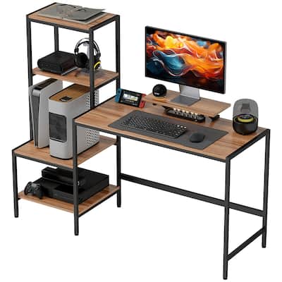 Computer Desk with Four Tier Adjustable Shelf and Monitor Stand Industrial Brown and Black Design Sturdy Home Office Workstation