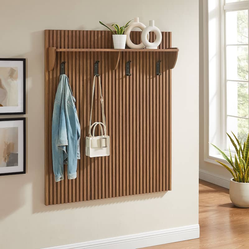 Render Fluted Coat Rack Panel With Shelf - Walnut