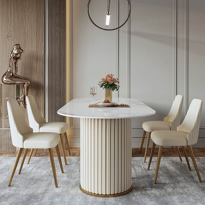 Modern Minimalist White Oval Dining Table with Glossy Sintered Stone Tabletop, Roman Column Frame Table Legs