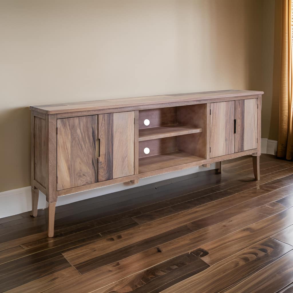 Umey 93 Inch TV Entertainment Console, 3 Shelves, 4 Doors, Brown Wood