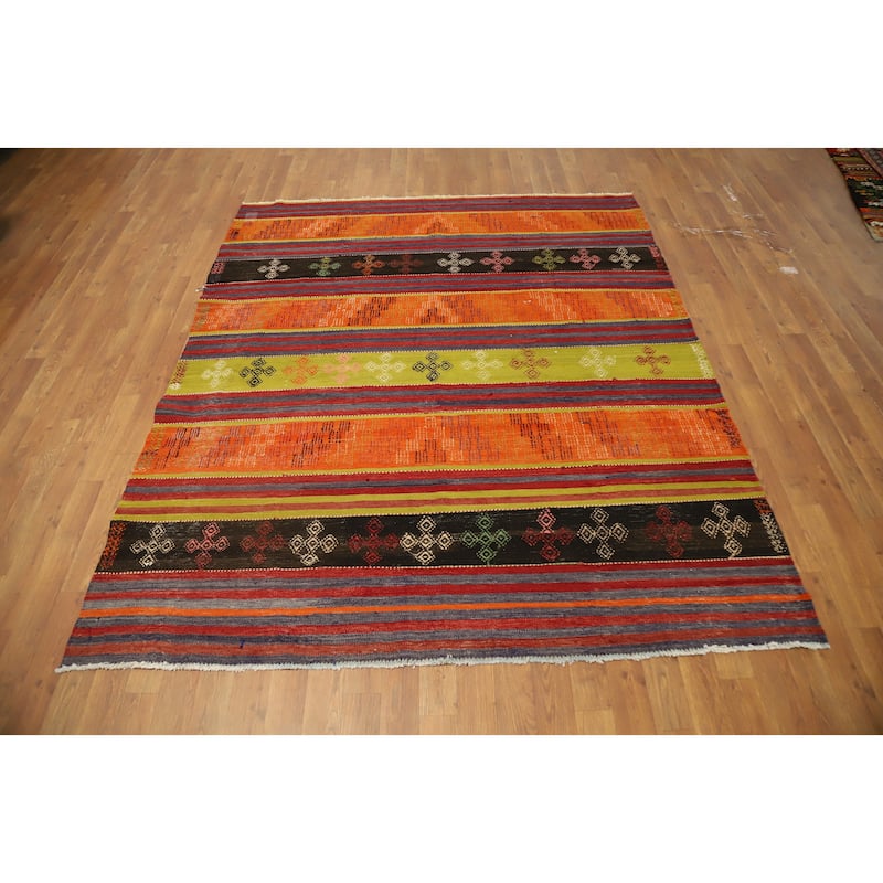 Hand Woven Oriental 100% Wool Carpet Southwestern Tribal Oranges & Rust Kilim Area Rug - 6' 9'' X 5' 10''