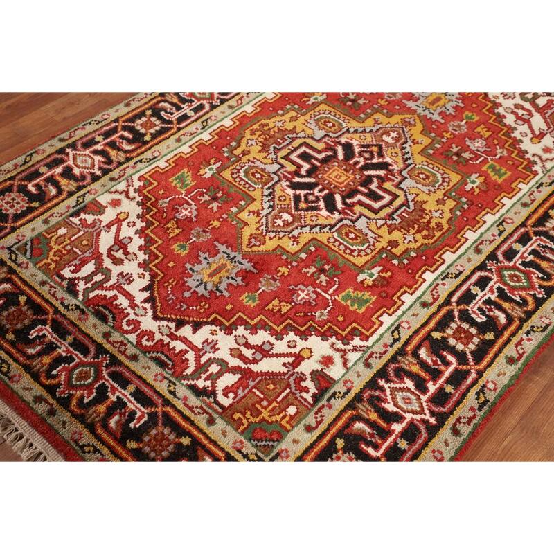 Orange Geometric Heriz Serapi Indian Rug Hand-Knotted Wool Carpet - 4'1" x 5'11"