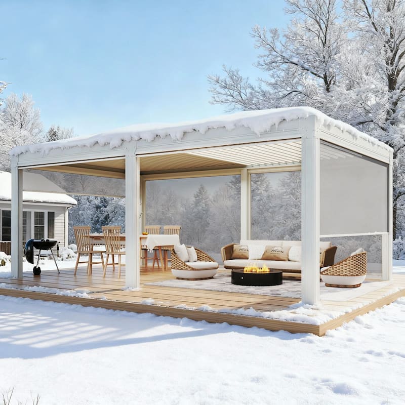 EROMMY Outdoor Louvered Pergola Gazebo with Adjustable Aluminum Rainproof Roof and Pull-Down Screen - 12' x 20' - White