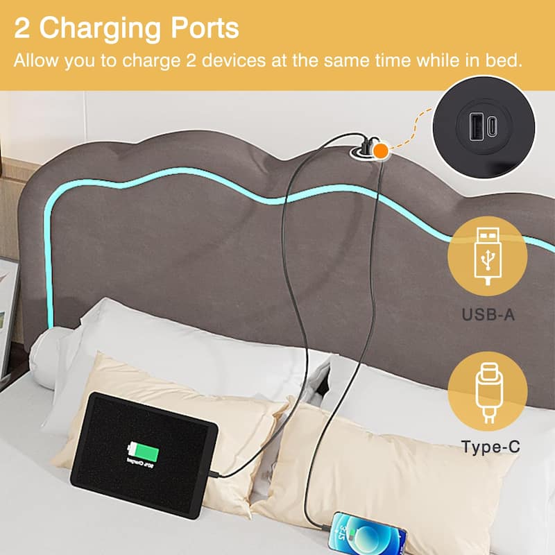 VECELO Upholstered Platform Kids Bed Frame with Headboard & LED Lights,Twin Size Bed Set of 2