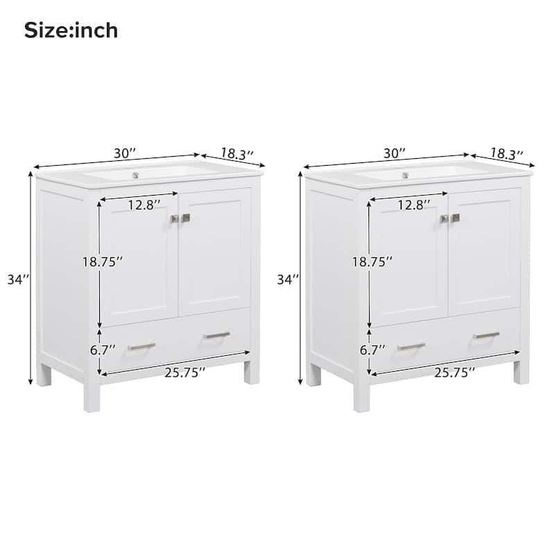 60" Bathroom Vanity Set with Double Freestanding Vanities, Double Ceramic Sinks, Door Organizers and Divided Drawers