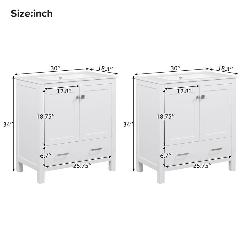 60"Bathroom Vanity Set with Double Vanities (Separate), Double Ceramic Sinks, Storage Shelf, and Divided Drawers
