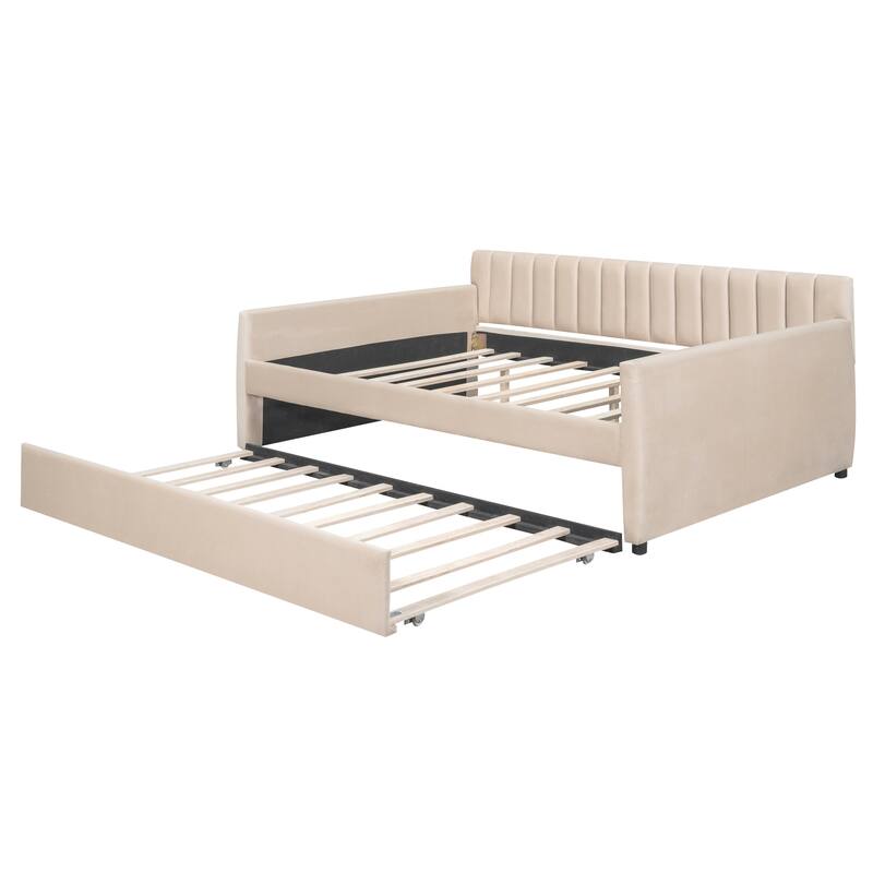Elegant Velvet Upholstered Daybed, Full Size with Trundle, Sturdy Wood Slat Frame, Easy Assembly