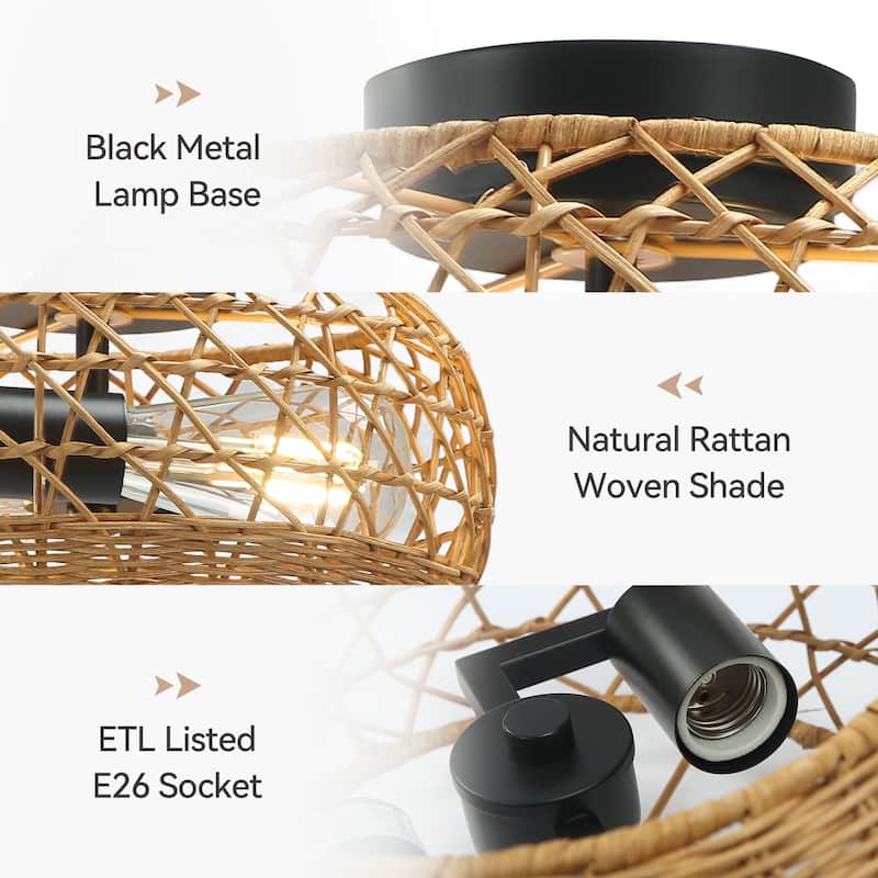 2-Light Rattan Semi-Flush Mount Ceiling Light