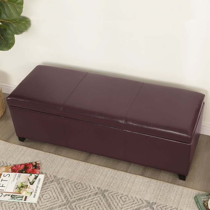 Adeco 46" Faux Leather Storage Ottoman Bench with Nailhead Trim - Chocolate Brown