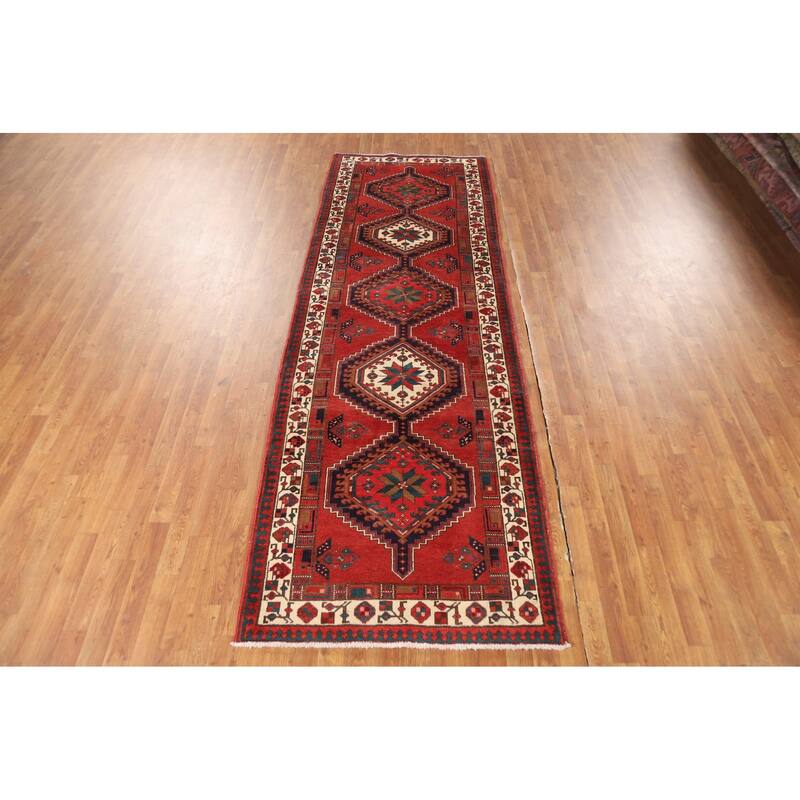Geometric Ardebil Persian Vintage Runner Rug Handmade Wool Carpet - 3'7"x 10'7"