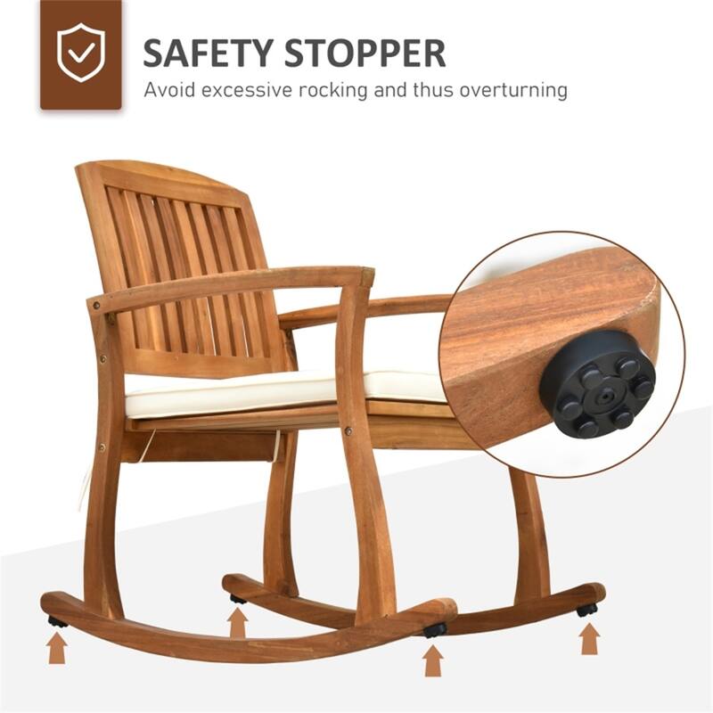 Teak Acacia Wood Rocking Chair with Cream Cushion for Porch and Patio - 23.5"W x 33.25"D x 23.5"H