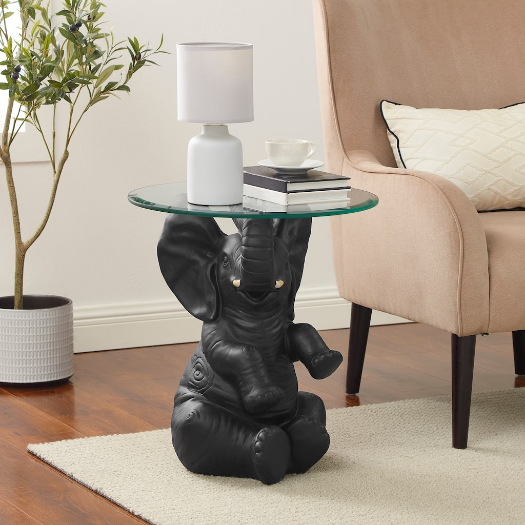 Linon Black Resin and Glass Ernie Elephant Accent Table
