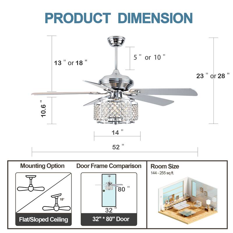 CurveCurio 52'' Modern Chrome Crystal Ceiling Fan w Remote, 4 Wooden Blades & Crystal Light Shade, Quiet DC Motor Ceiling Fan