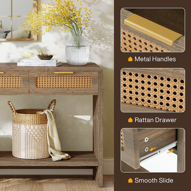 55" Narrow Console Sofa Table with 3 Rattan Drawers and 2-tier Storage Shelf - 13.78" D x 55.12" W x 32.68" H
