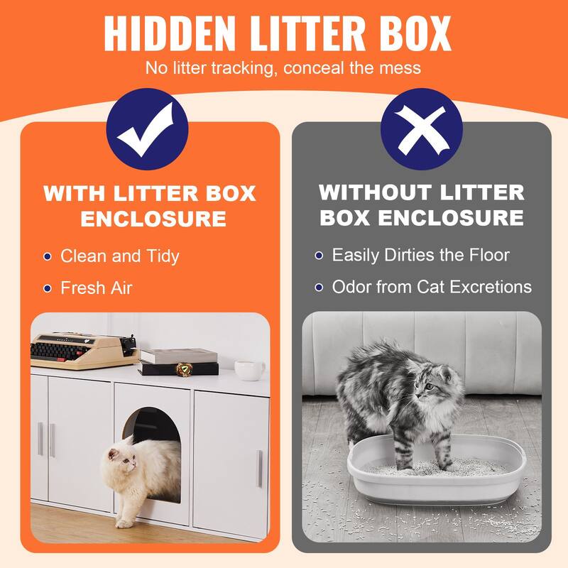 57.9" White Cat Litter Box Enclosure Furniture Hidden with 5 Doors Perfect for Placing Vases Books or any Decorations