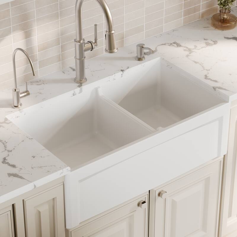 Karran 33" Double Bowl Panel Front Farmhouse Fireclay Kitchen Sink with Reversible Apron Front
