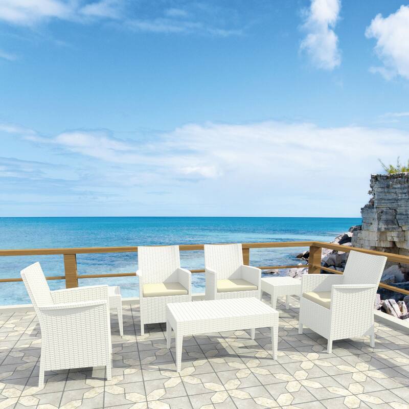 7-Piece White Patio Casual Seating Set with Sunbrella White Cushion 36"