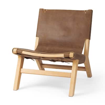 Elodie Brown Genuine Buffalo Leather w/ Natural Brown Solid Beechwood Frame Accent Chair - 24.4"W x 33.9"D x 30.7"H