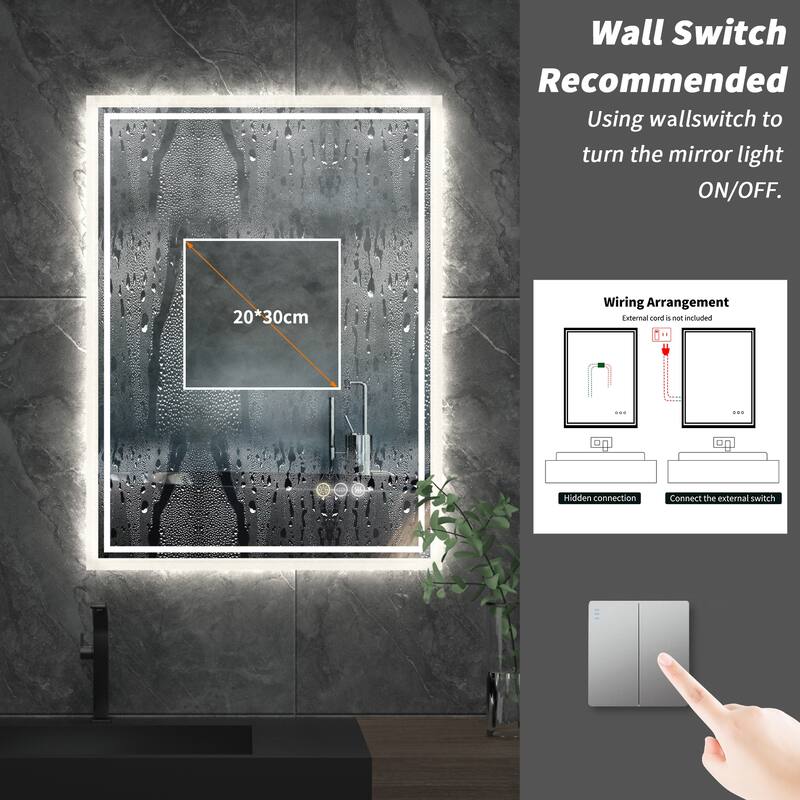 Illuminated Bathroom Mirror Anti-Fog Wall Mounted Dimmable Backlit
