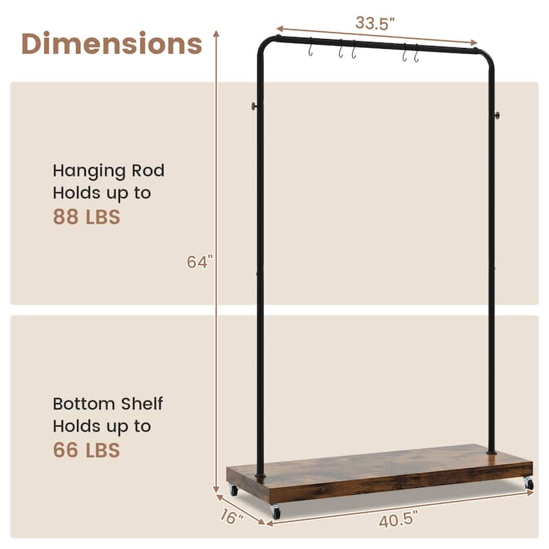 Industrial Pipe Rolling Garment Rack Clothing Rack with Hooks & Shelf