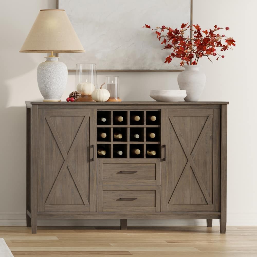 WYNDENHALL Cantina SOLID WOOD 54 inch Wide Rectangle Transitional Sideboard with Wine Storage in Smoky Brown