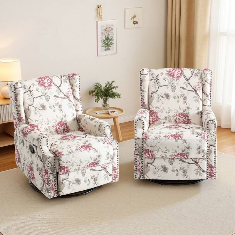 Floral Linen Manual Recliner Chair with Footrest set of 2