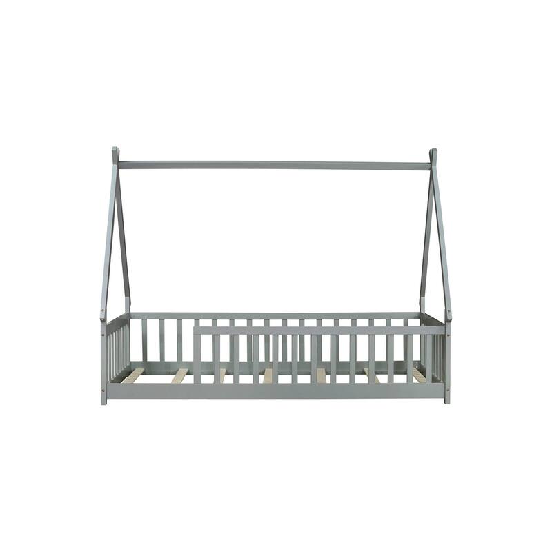 Twin Tent-shaped Floor Bed,Teepee Bed with Guardrails