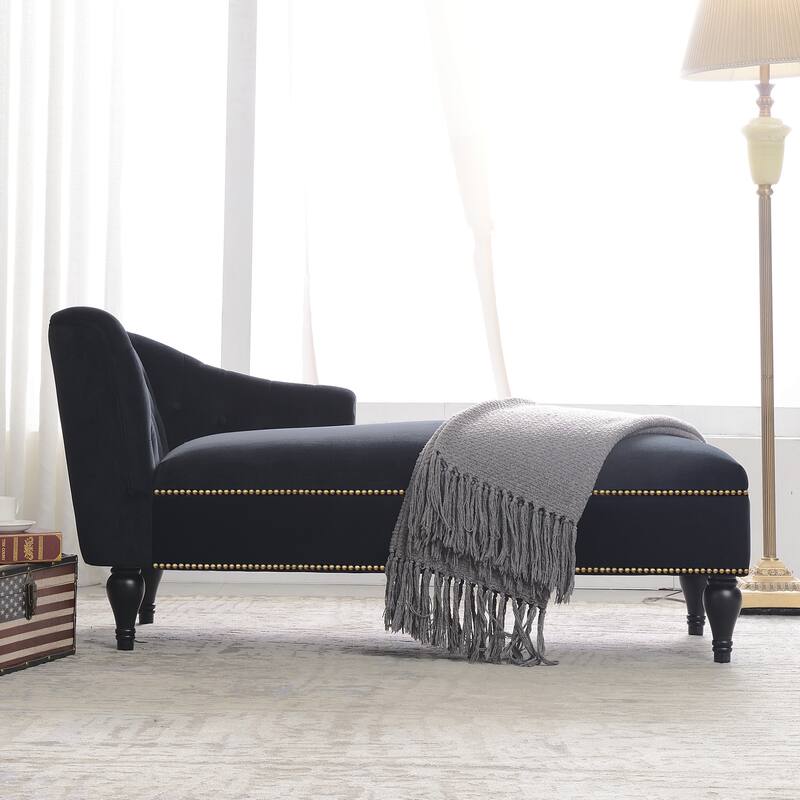 58'' Black Velvet Button Tufted Right Arm Facing Chaise Lounge Chair with Nailhead Trim: Opulent Addition to Any Living Space.