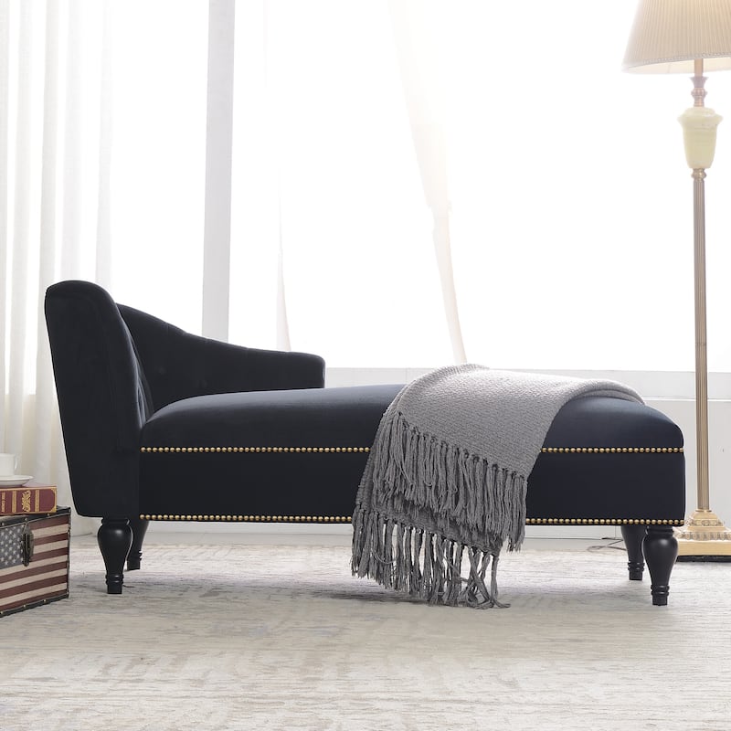 Black 58" Velvet Button Tufted Chaise Lounge Chair with Nailhead Trim and Solid Wood Legs for Living Room