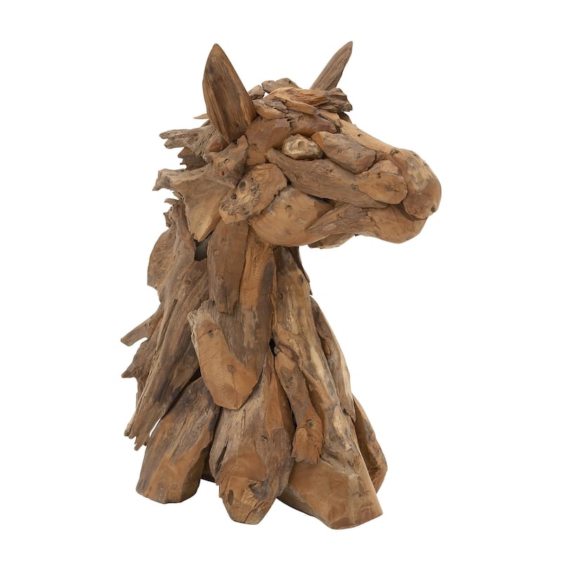 Teak Wood Horse Handmade Head Decorative Sculpture with Layered Woodchip Pieces - Brown - Roche River Decor - Brown