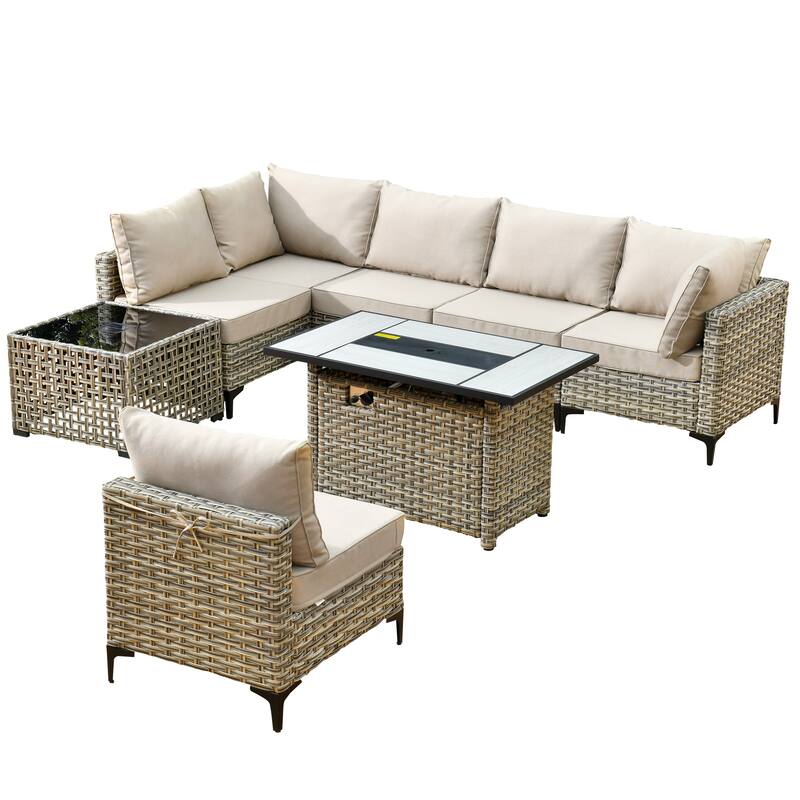 XIZZI 8-Piece Outdoor Wicker Furniture Sectional Set with Firepit