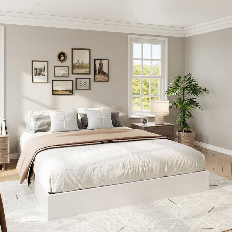 Space-Saving Sturdy Floor-Standing Platform Bed Frame, No Box Spring Needed, White - Full