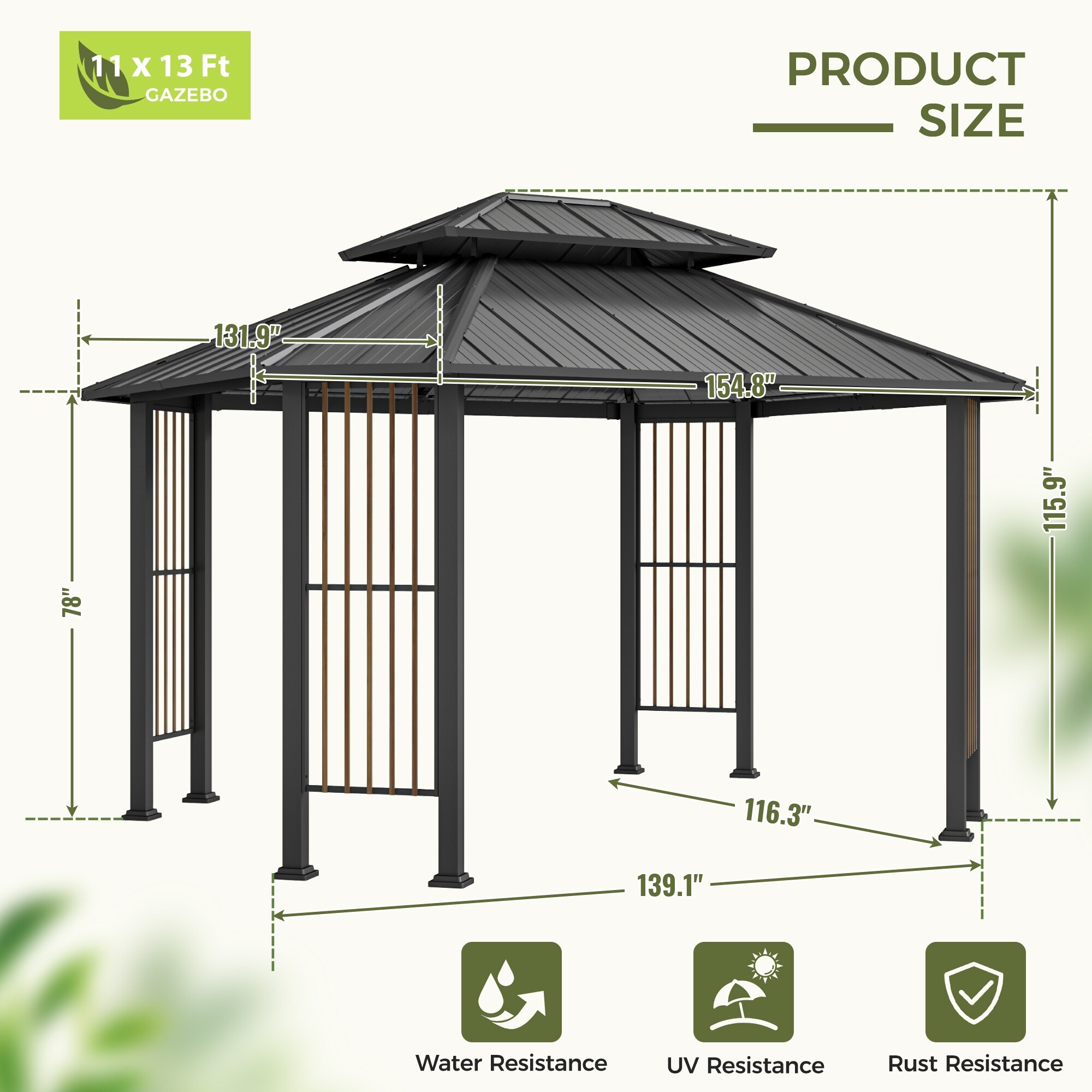 11 ft. x 13 ft. Gray Octagonal Gazebo with Double-Roofed