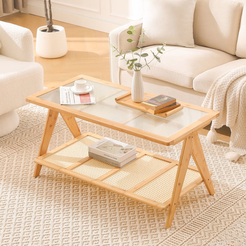 2-Tier Rectangular Coffee Table, Glass Top Sofa Table - 39.4"L x 19.7"W x 19.7"D