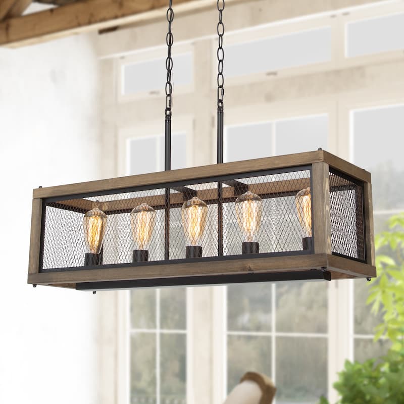 Campea Farmhouse 5-Light 31.5" Linear Wood Chandelier for Kitchen Island - L31.5"xW10"xH10"