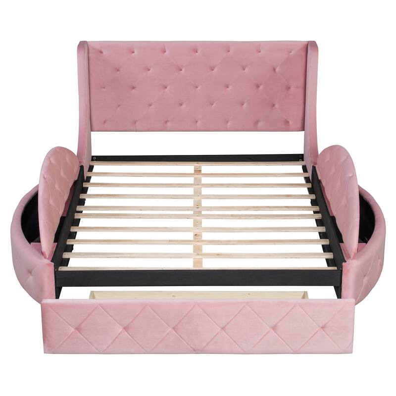 Low Profile Bed Queen Size Velvet Upholstered Platform Bed with Wingback Headboard, Big Drawer and 2 Semicircle Side Stools