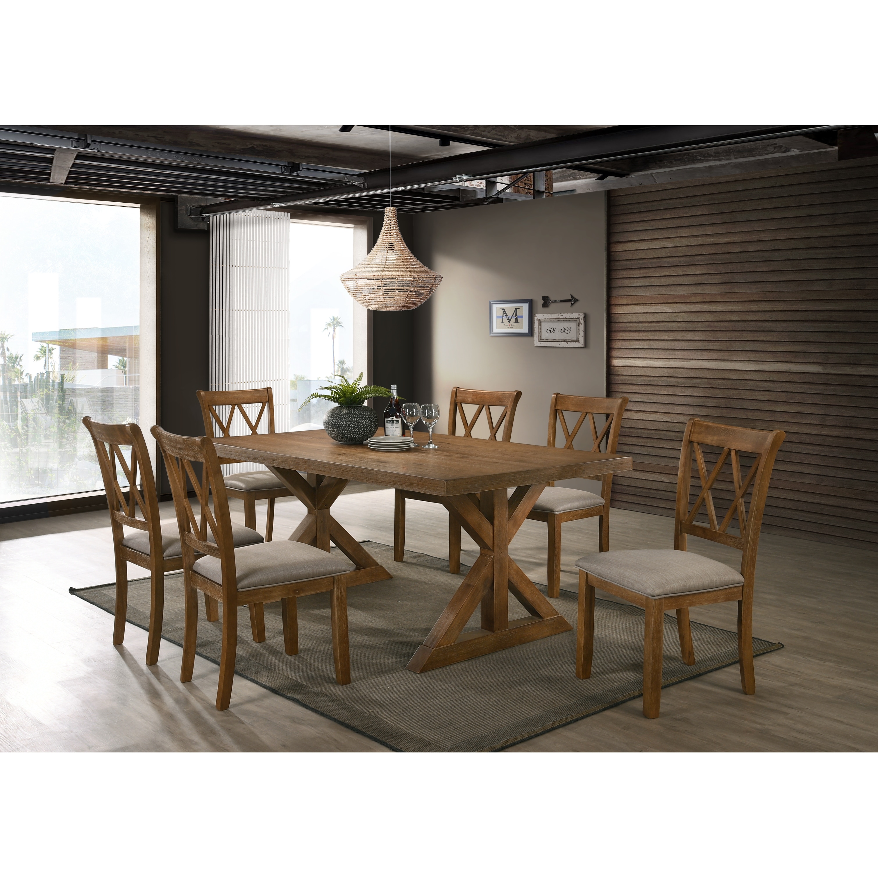 Roundhill Furniture Enna Morden Farmhouse Wood 7-Piece Trestle Dining Set, Brushed Driftwood Finish