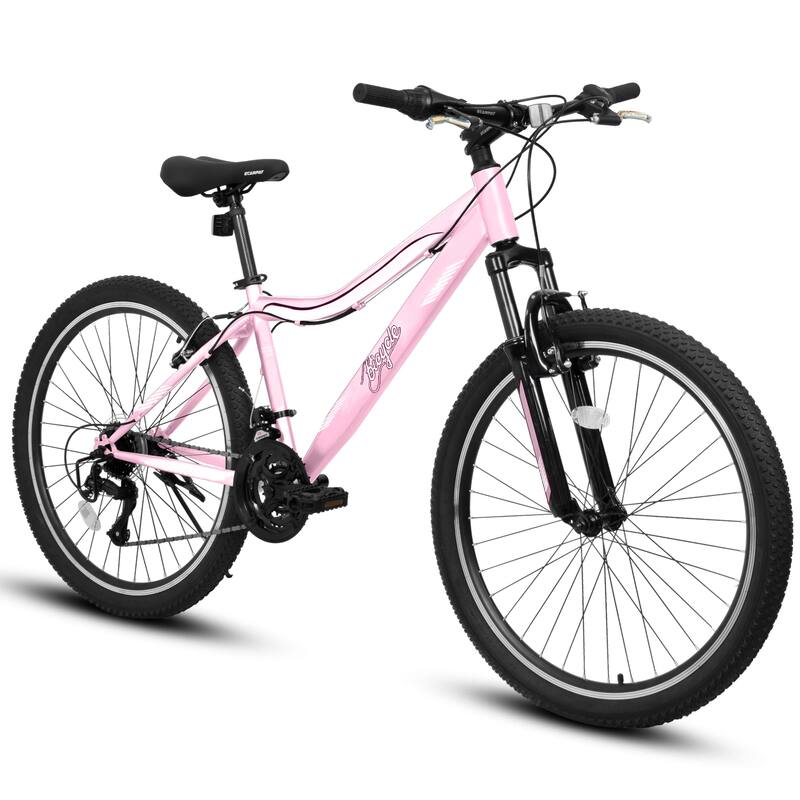 Mountain Bike 26 Inch, High-Density Carbon Steel Frame, 21 Speed, Front Suspension, Dual V-Brakes, 80% Pre-Assembled - Pink