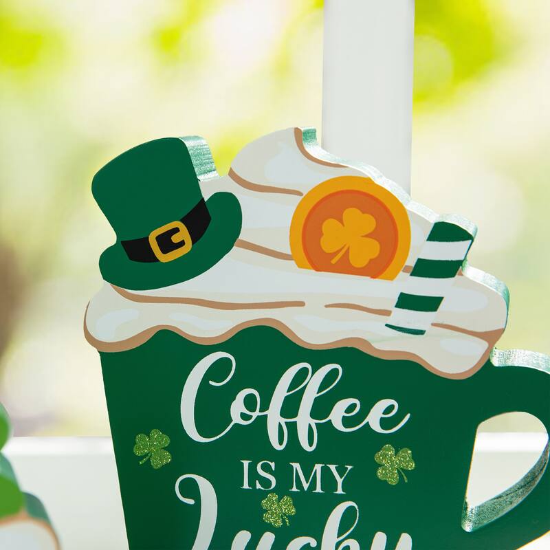 Glitzhome St Patrick's Epoxy Wooden Shamrock Leprechaun Pot of Gold Coffee Cup Table Decor
