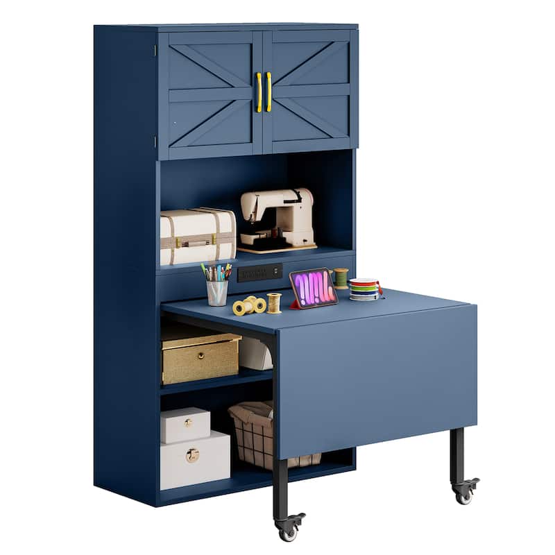 Moasis Expandable Crafting Table with Storage, Artwork Sewing Table with Cabinet and Magnetic Doors & Power Outlets - Blue