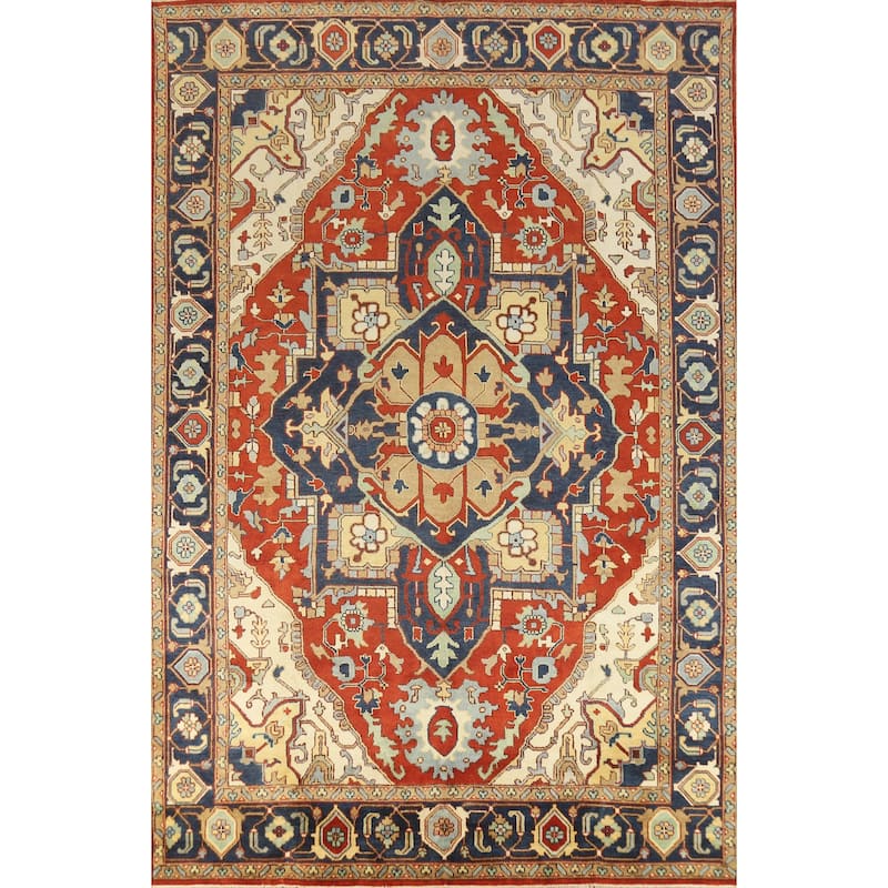 Medallion Heriz Serapi Indian Large Rug Hand-Knotted Wool Carpet - 9'8" x 13'11"