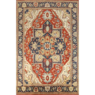 Medallion Heriz Serapi Indian Large Rug Hand-Knotted Wool Carpet - 9'8" x 13'11"