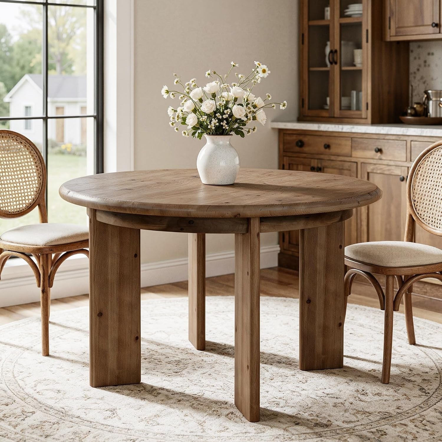 47-Inch Solid Wood Dining Table, Farmhouse Round Table for 4-6