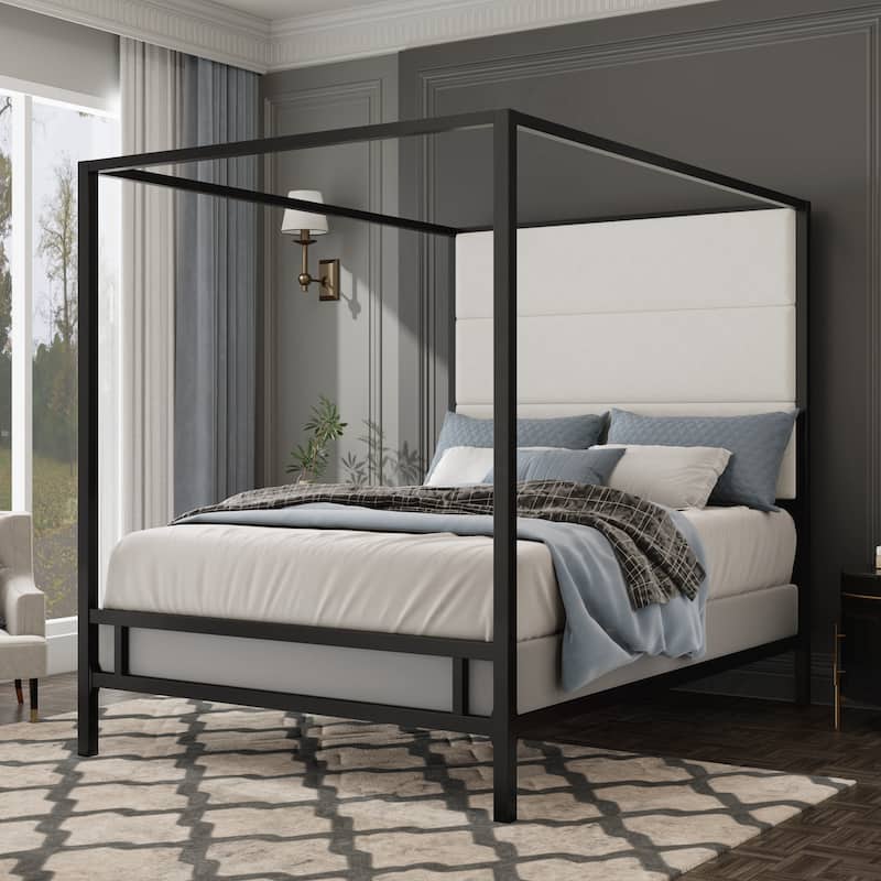 Modern Canopy Bed with 76.5" Tall Fabric Upholstered Headboard Metal 4-Poster Bed Frame