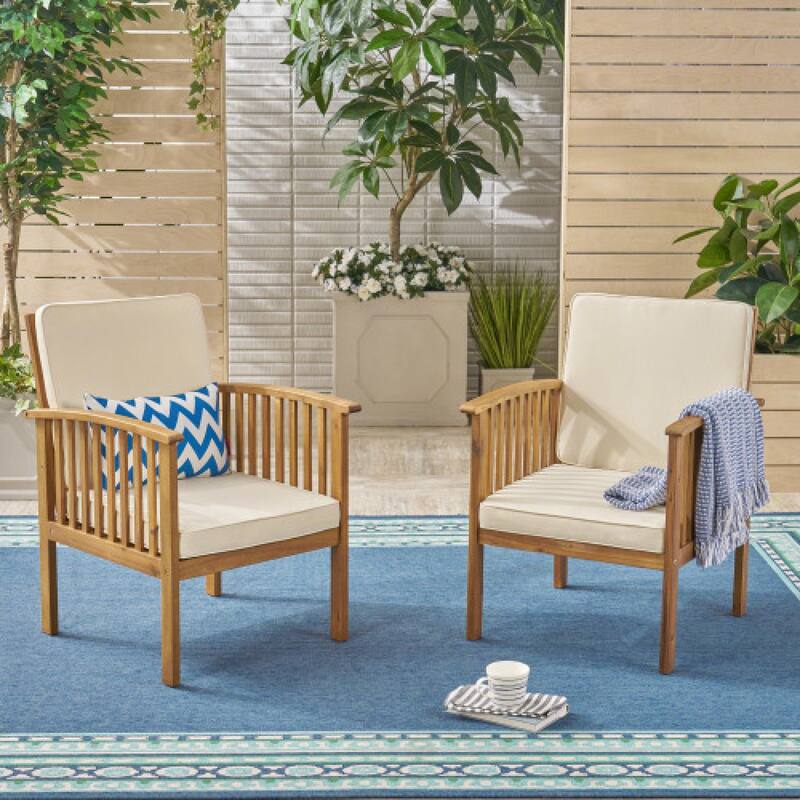 Roomfitters 3-Piece Acacia Wood Patio Set, 2 Modern Club Chairs & Foldable End Table, Cushions