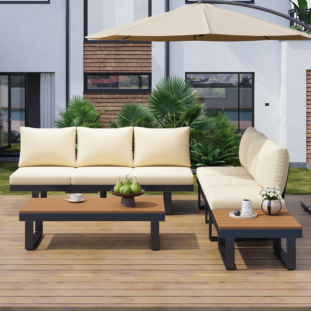 Outdoor Patio Conversation Sofa Set L-shape Sectional Sofa Set with Adjustable Reclining Seats, Coffee Table, Side Table