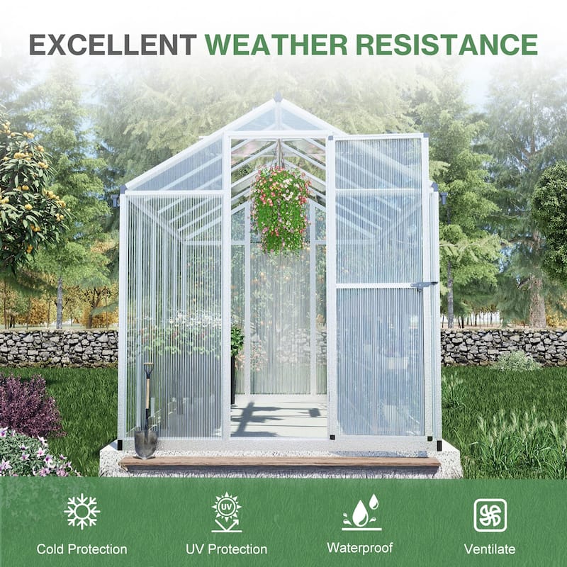 Aoodor 6' x 10' Polycarbonate Walk-in Greenhouse with Aluminum Frame and Roof Vent