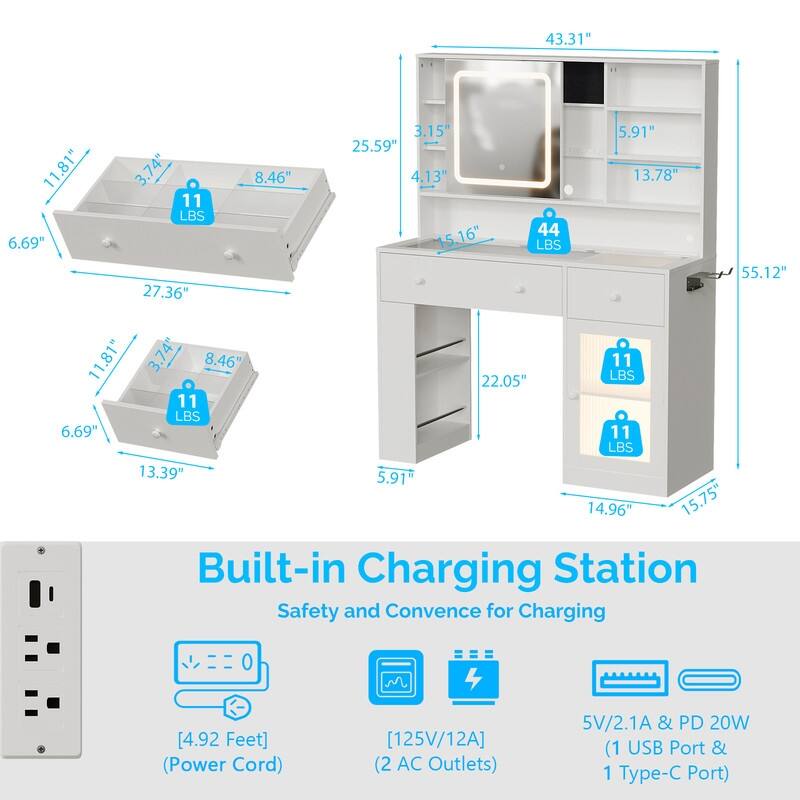 Particle Board Veneered , 2 Drawers, 1 Glass Door, Left and Right 2-tier Shelves, Glass Tabletop, Dressing Table - N/A