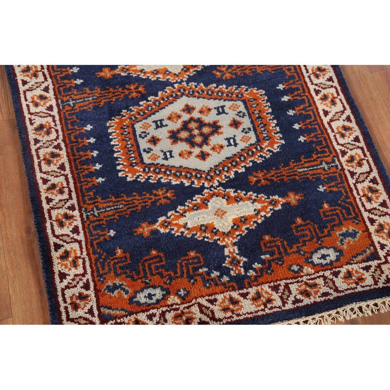 Blue Geometric Viss Oriental Runner Rug Handmade Wool Carpet - 2'7"x 7'10"