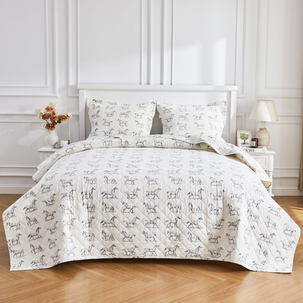 All Cotton Flannel Horse Quilt Set Gray